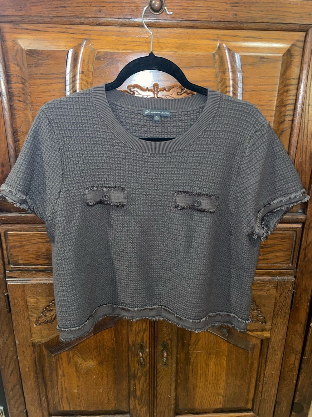 Adrianna Papell Charcoal Short Sleeve Textured Crop Top